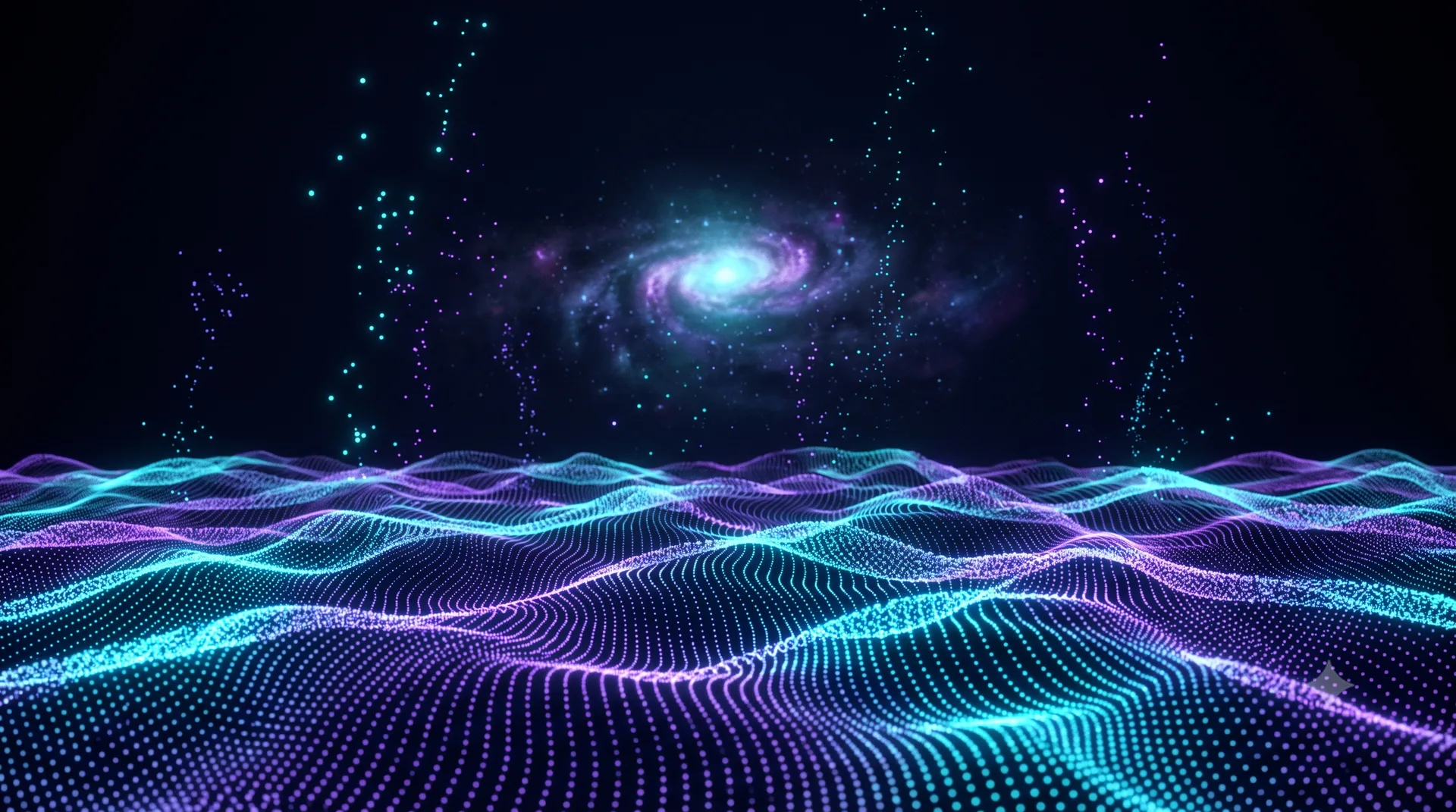 粒子でできたニャンズの世界。宇宙のような3D粒子の海に銀河が浮かぶ様子